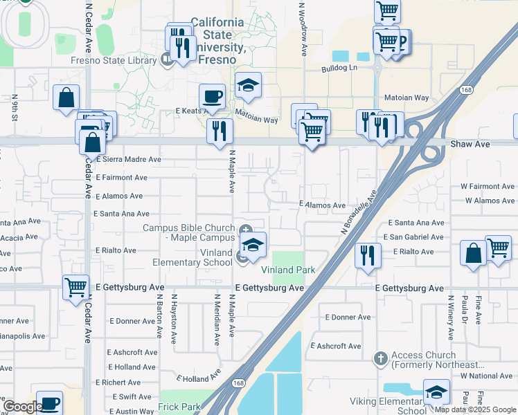 map of restaurants, bars, coffee shops, grocery stores, and more near 4875 North Backer Avenue in Fresno