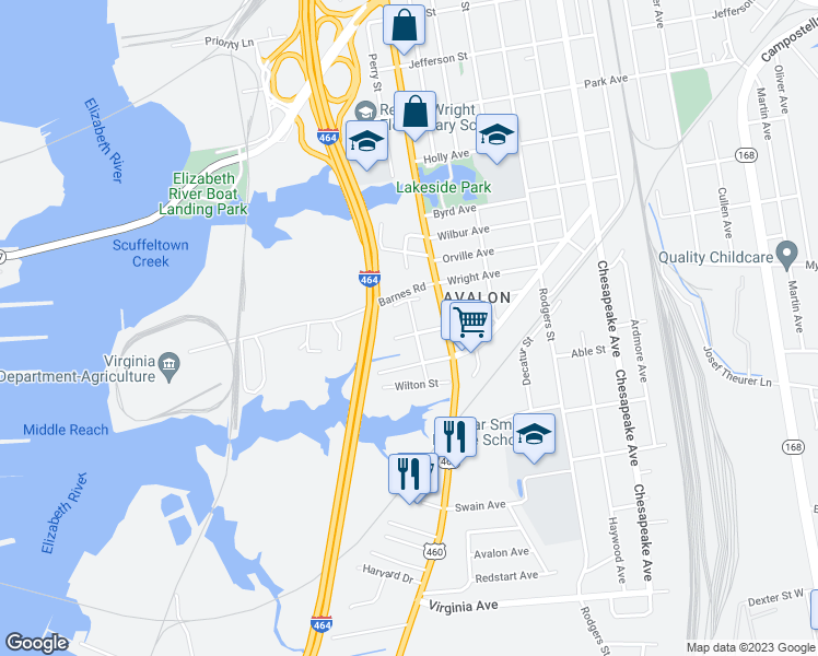 map of restaurants, bars, coffee shops, grocery stores, and more near 2020 Mclain Street in Chesapeake