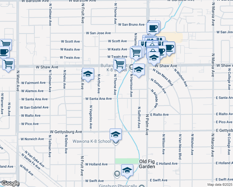map of restaurants, bars, coffee shops, grocery stores, and more near 4832 North Thorne Avenue in Fresno
