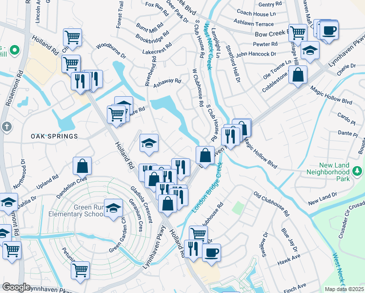 map of restaurants, bars, coffee shops, grocery stores, and more near 3248 Sugar Creek Drive in Virginia Beach