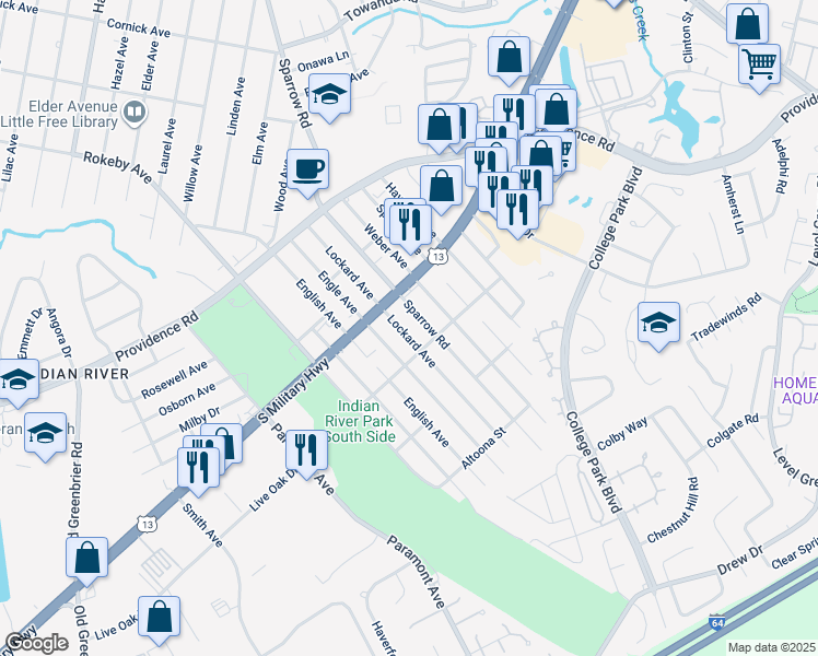 map of restaurants, bars, coffee shops, grocery stores, and more near 1926 Lockard Avenue in Chesapeake