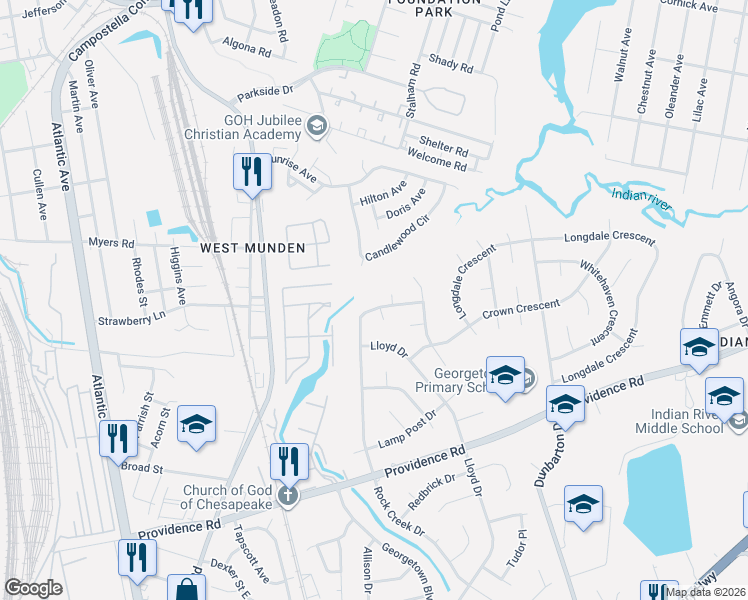 map of restaurants, bars, coffee shops, grocery stores, and more near 2526 Rock Creek Drive in Chesapeake
