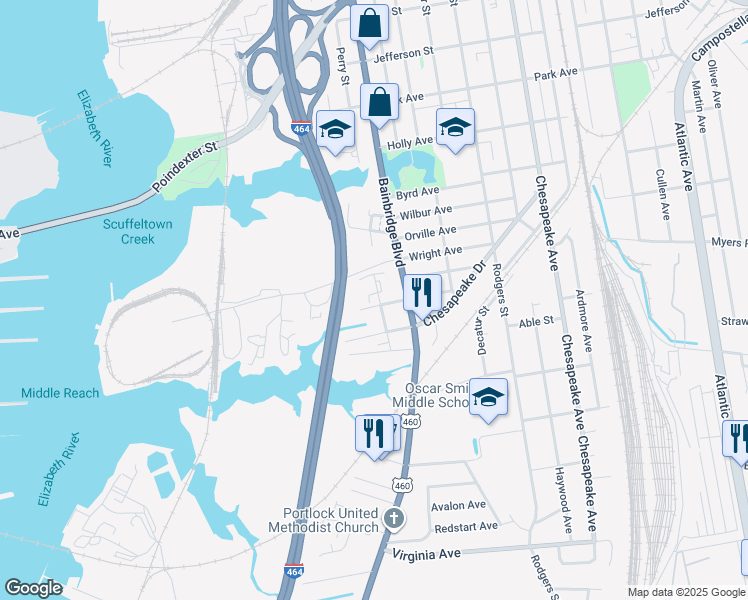 map of restaurants, bars, coffee shops, grocery stores, and more near 2022 Mclain Street in Chesapeake