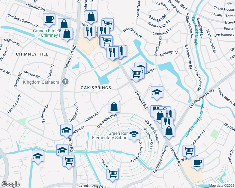 map of restaurants, bars, coffee shops, grocery stores, and more near 920 Silvertree Court in Virginia Beach