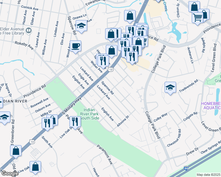 map of restaurants, bars, coffee shops, grocery stores, and more near 1922 Sparrow Road in Chesapeake