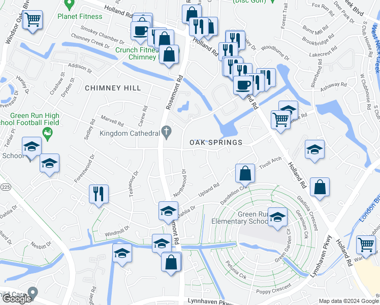 map of restaurants, bars, coffee shops, grocery stores, and more near 901 Shady Hollow Lane in Virginia Beach