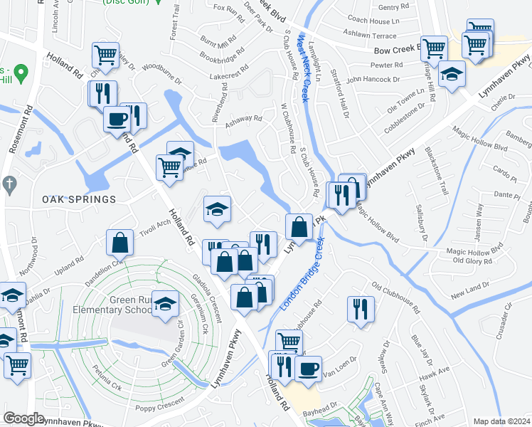 map of restaurants, bars, coffee shops, grocery stores, and more near 3248 Sugar Creek Drive in Virginia Beach