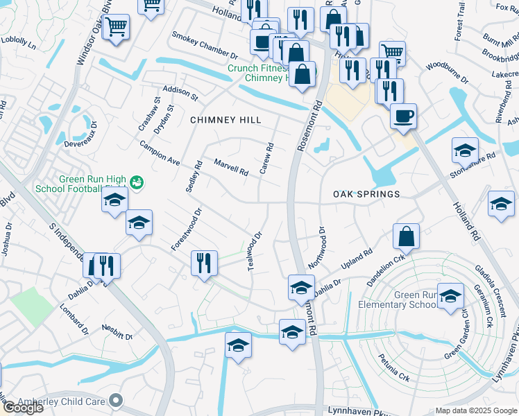 map of restaurants, bars, coffee shops, grocery stores, and more near 3531 Campion Avenue in Virginia Beach