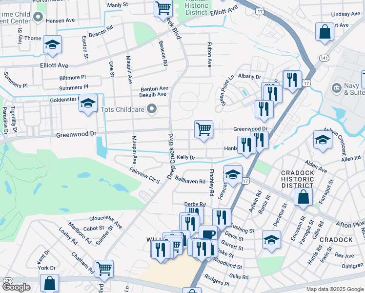 map of restaurants, bars, coffee shops, grocery stores, and more near 2501 Barclay Avenue in Portsmouth