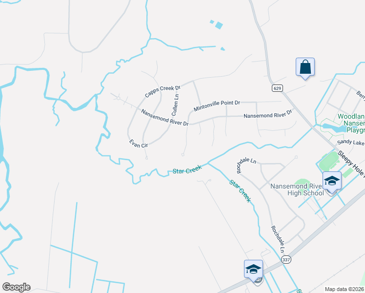 map of restaurants, bars, coffee shops, grocery stores, and more near 3409 Mintonville Point Drive in Suffolk