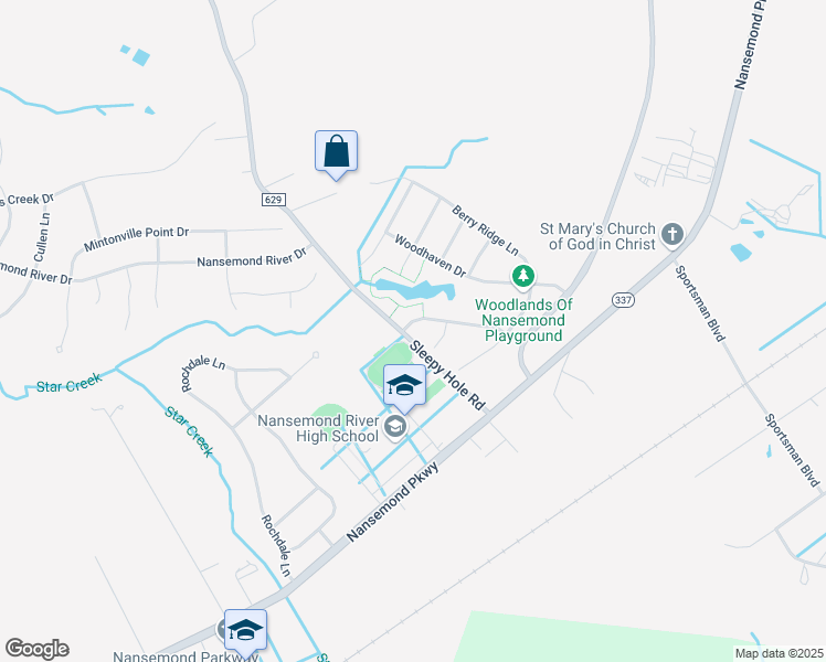 map of restaurants, bars, coffee shops, grocery stores, and more near 100 Sandy Lake Drive in Suffolk