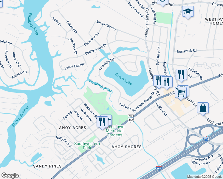 map of restaurants, bars, coffee shops, grocery stores, and more near 160 Yorkshire Road in Portsmouth