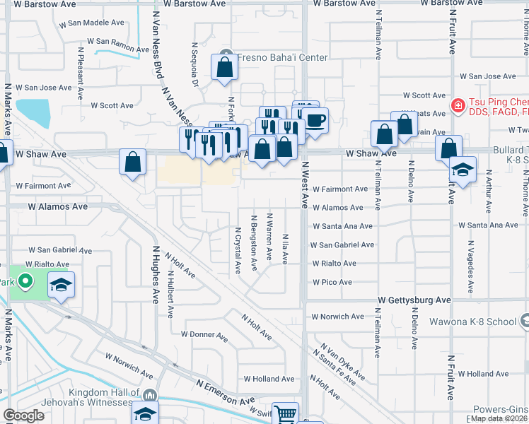 map of restaurants, bars, coffee shops, grocery stores, and more near 4835 North Warren Avenue in Fresno