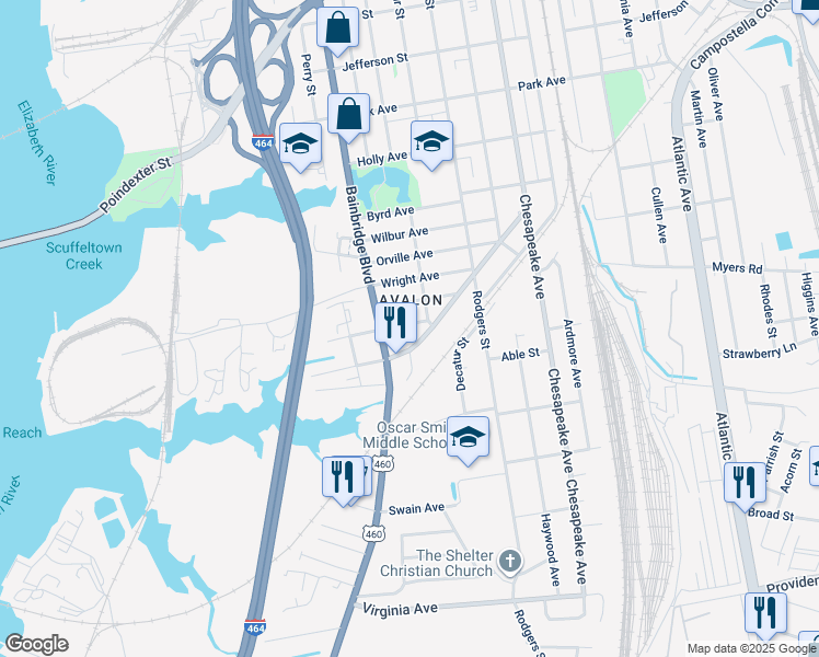 map of restaurants, bars, coffee shops, grocery stores, and more near 824 Post Avenue in Chesapeake