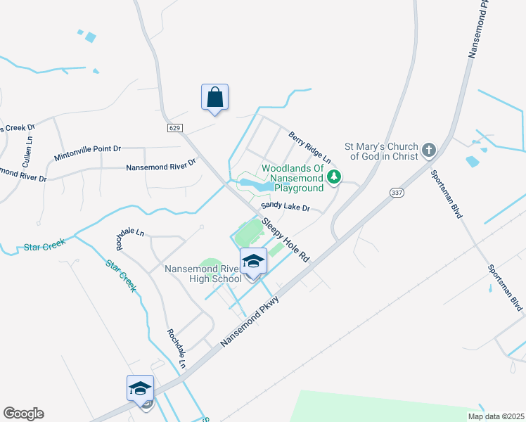 map of restaurants, bars, coffee shops, grocery stores, and more near 100 Sandy Lake Drive in Suffolk