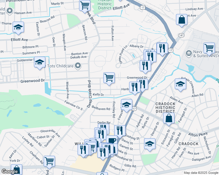 map of restaurants, bars, coffee shops, grocery stores, and more near in Portsmouth