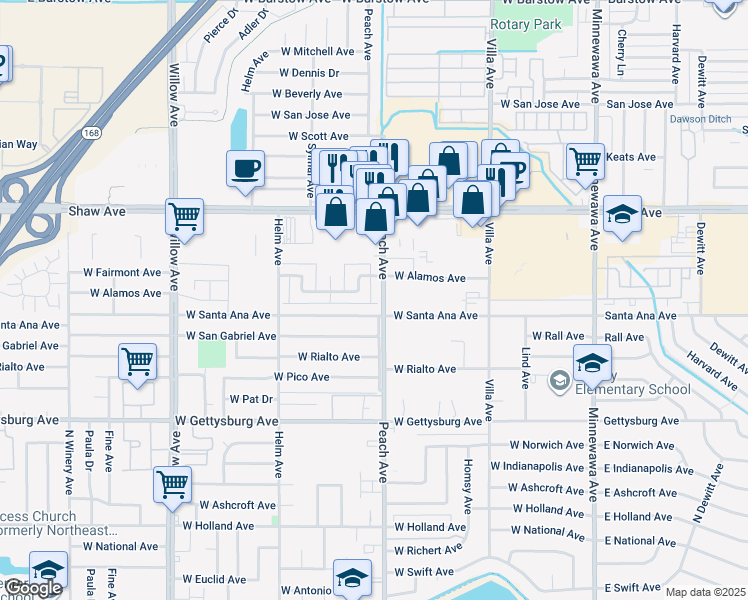 map of restaurants, bars, coffee shops, grocery stores, and more near 361 West Santa Ana Avenue in Clovis