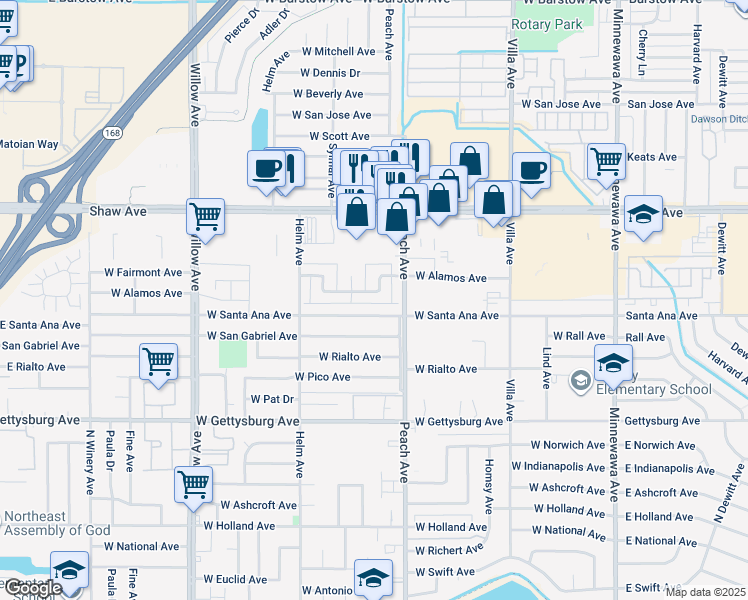map of restaurants, bars, coffee shops, grocery stores, and more near 460 West Alamos Avenue in Clovis