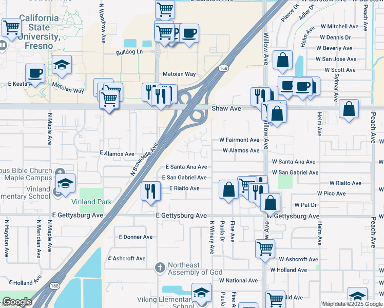 map of restaurants, bars, coffee shops, grocery stores, and more near 4819 North Winery Circle in Fresno