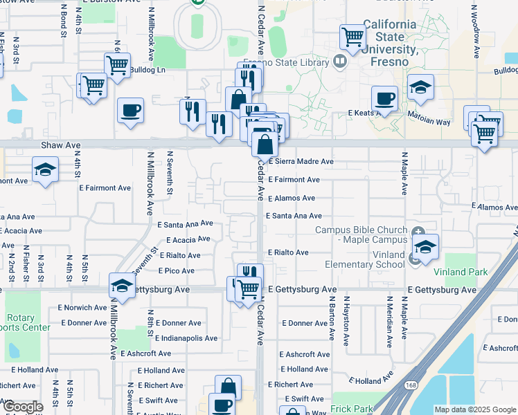 map of restaurants, bars, coffee shops, grocery stores, and more near 4836 North Cedar Avenue in Fresno