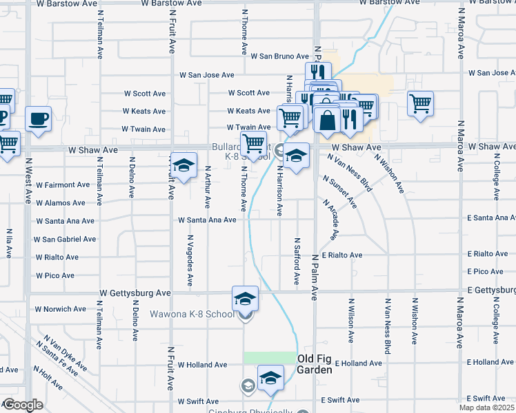 map of restaurants, bars, coffee shops, grocery stores, and more near 4832 North Thorne Avenue in Fresno