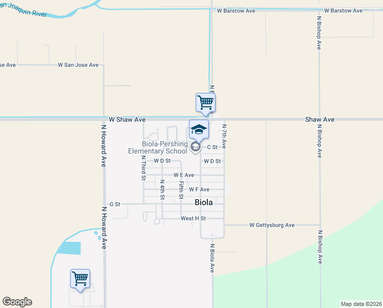 map of restaurants, bars, coffee shops, grocery stores, and more near 12542 West A Street in Biola