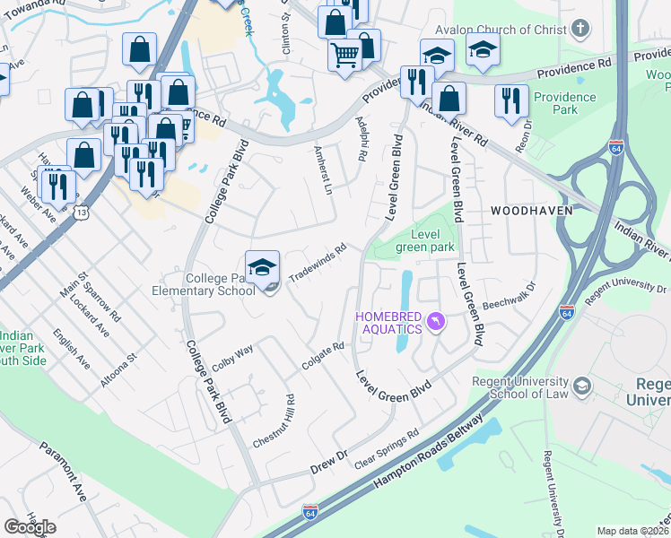 map of restaurants, bars, coffee shops, grocery stores, and more near 1043 Tradewinds Road in Virginia Beach