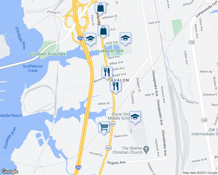 map of restaurants, bars, coffee shops, grocery stores, and more near 719 Post Avenue in Chesapeake