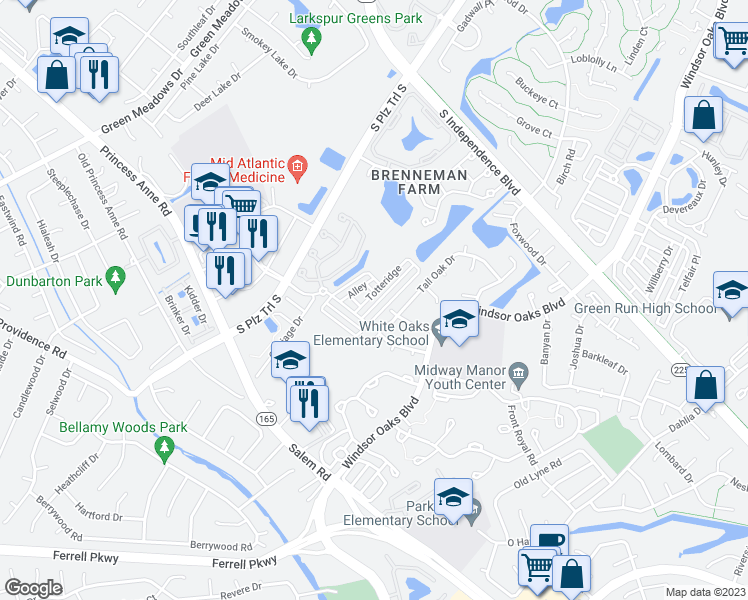 map of restaurants, bars, coffee shops, grocery stores, and more near 4589 Totteridge Lane in Virginia Beach