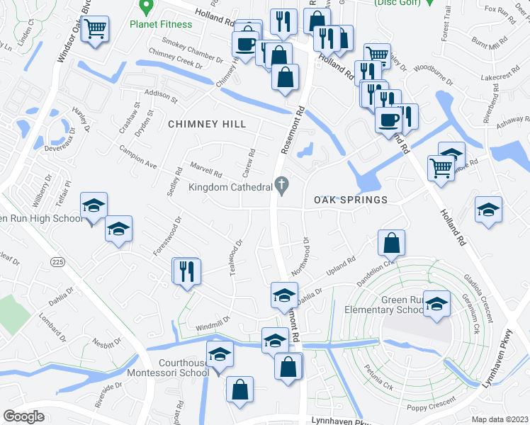 map of restaurants, bars, coffee shops, grocery stores, and more near 3509 Campion Avenue in Virginia Beach