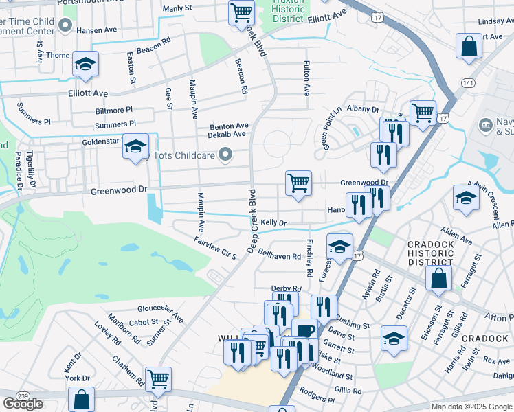 map of restaurants, bars, coffee shops, grocery stores, and more near 4017 Deep Creek Boulevard in Portsmouth