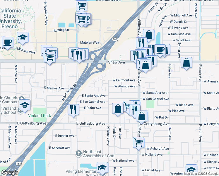 map of restaurants, bars, coffee shops, grocery stores, and more near 984 West Alamos Avenue in Clovis