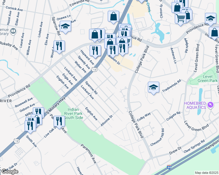 map of restaurants, bars, coffee shops, grocery stores, and more near 2026A Speedy Avenue in Chesapeake