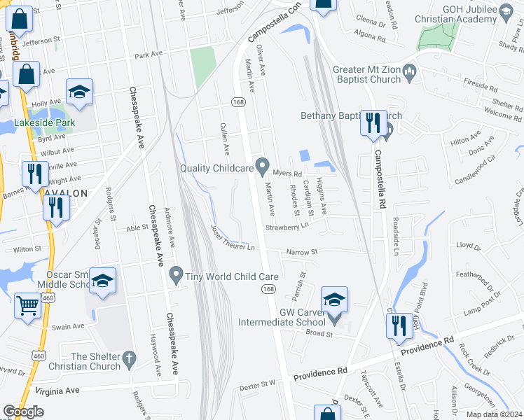 map of restaurants, bars, coffee shops, grocery stores, and more near 1634 Atlantic Avenue in Chesapeake