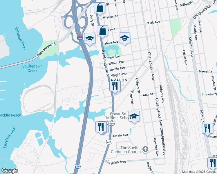 map of restaurants, bars, coffee shops, grocery stores, and more near 719 Post Avenue in Chesapeake