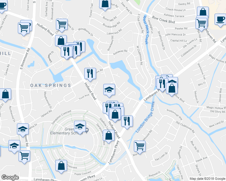 map of restaurants, bars, coffee shops, grocery stores, and more near 3321 Springbreeze Court in Virginia Beach
