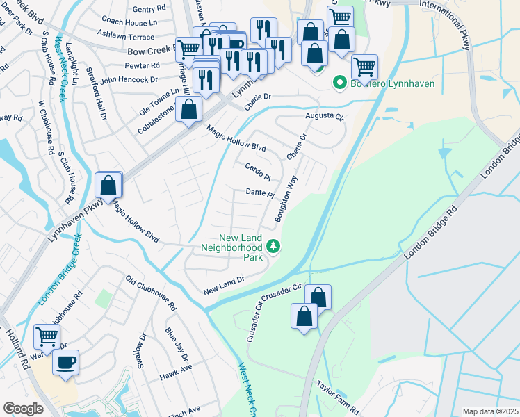 map of restaurants, bars, coffee shops, grocery stores, and more near 2901 Dubois Place in Virginia Beach