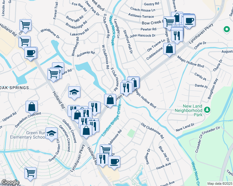 map of restaurants, bars, coffee shops, grocery stores, and more near 956 South Club House Road in Virginia Beach