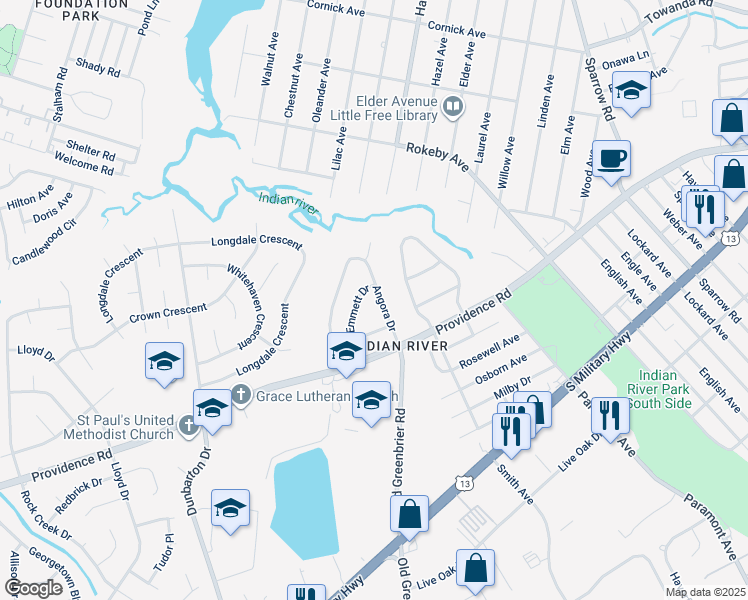 map of restaurants, bars, coffee shops, grocery stores, and more near 2017 Angora Drive in Chesapeake