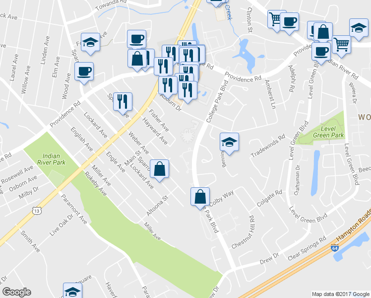 map of restaurants, bars, coffee shops, grocery stores, and more near 6418 Duquesne Place in Virginia Beach