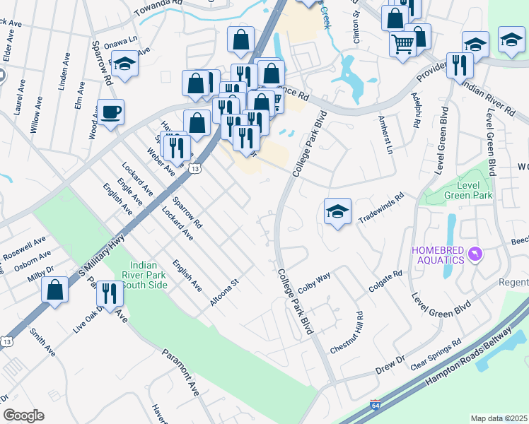 map of restaurants, bars, coffee shops, grocery stores, and more near 6418 Duquesne Place in Virginia Beach