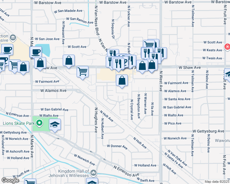 map of restaurants, bars, coffee shops, grocery stores, and more near 4848 North Hulbert Avenue in Fresno