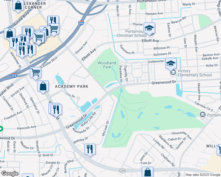 map of restaurants, bars, coffee shops, grocery stores, and more near 3178 Greenwood Drive in Portsmouth