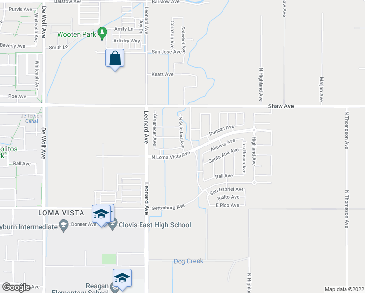 map of restaurants, bars, coffee shops, grocery stores, and more near 3445 North Soledad Avenue in Clovis