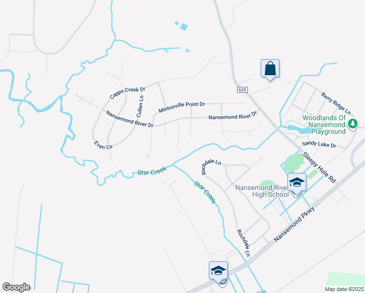 map of restaurants, bars, coffee shops, grocery stores, and more near 3360 Star Creek Ct in Suffolk