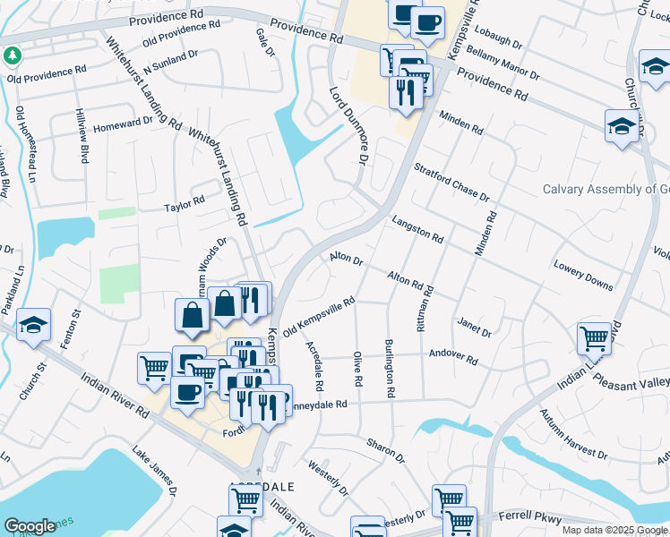 map of restaurants, bars, coffee shops, grocery stores, and more near 1105 Chatmoss Drive in Virginia Beach