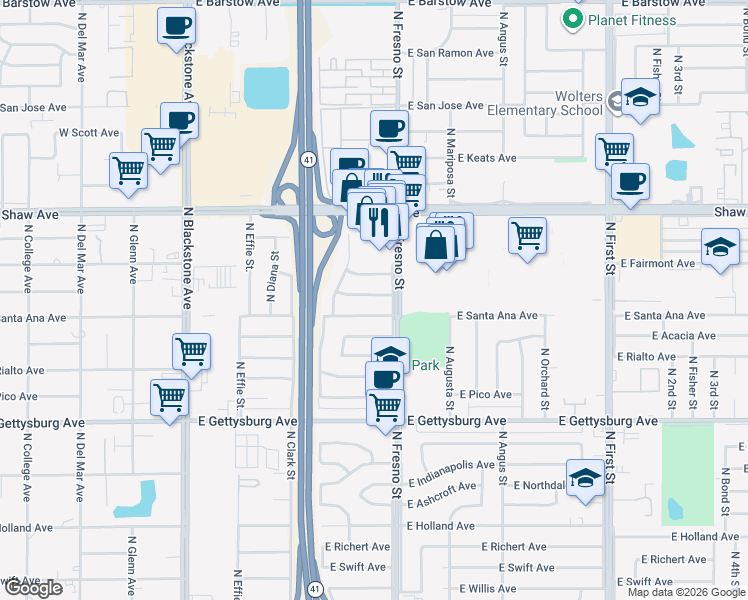 map of restaurants, bars, coffee shops, grocery stores, and more near 2406 East Alamos Avenue in Fresno