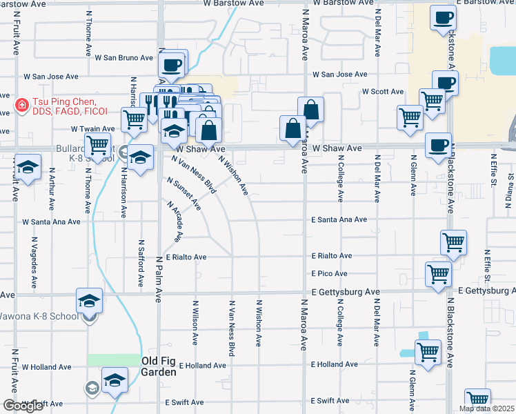map of restaurants, bars, coffee shops, grocery stores, and more near 4834 North Wishon Avenue in Fresno