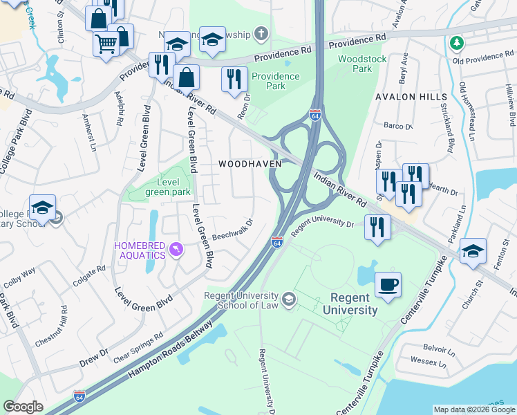map of restaurants, bars, coffee shops, grocery stores, and more near 5837 Beechwalk Drive in Virginia Beach