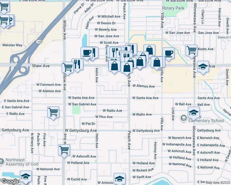 map of restaurants, bars, coffee shops, grocery stores, and more near 486 West Alamos Avenue in Clovis